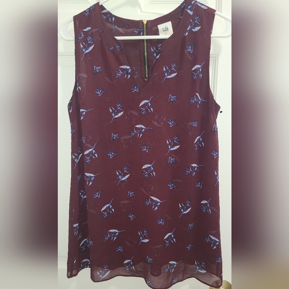 CAbi Maroon Blouse with Navy Floral Accents